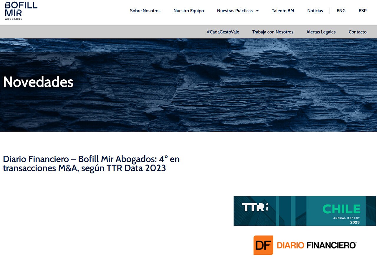 Diario Financiero  Bofill Mir Abogados: 4 en transacciones M&A, segn TTR Data 2023